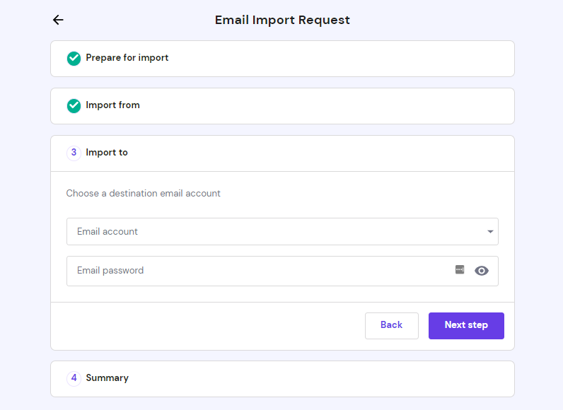 Email import request form, step 3