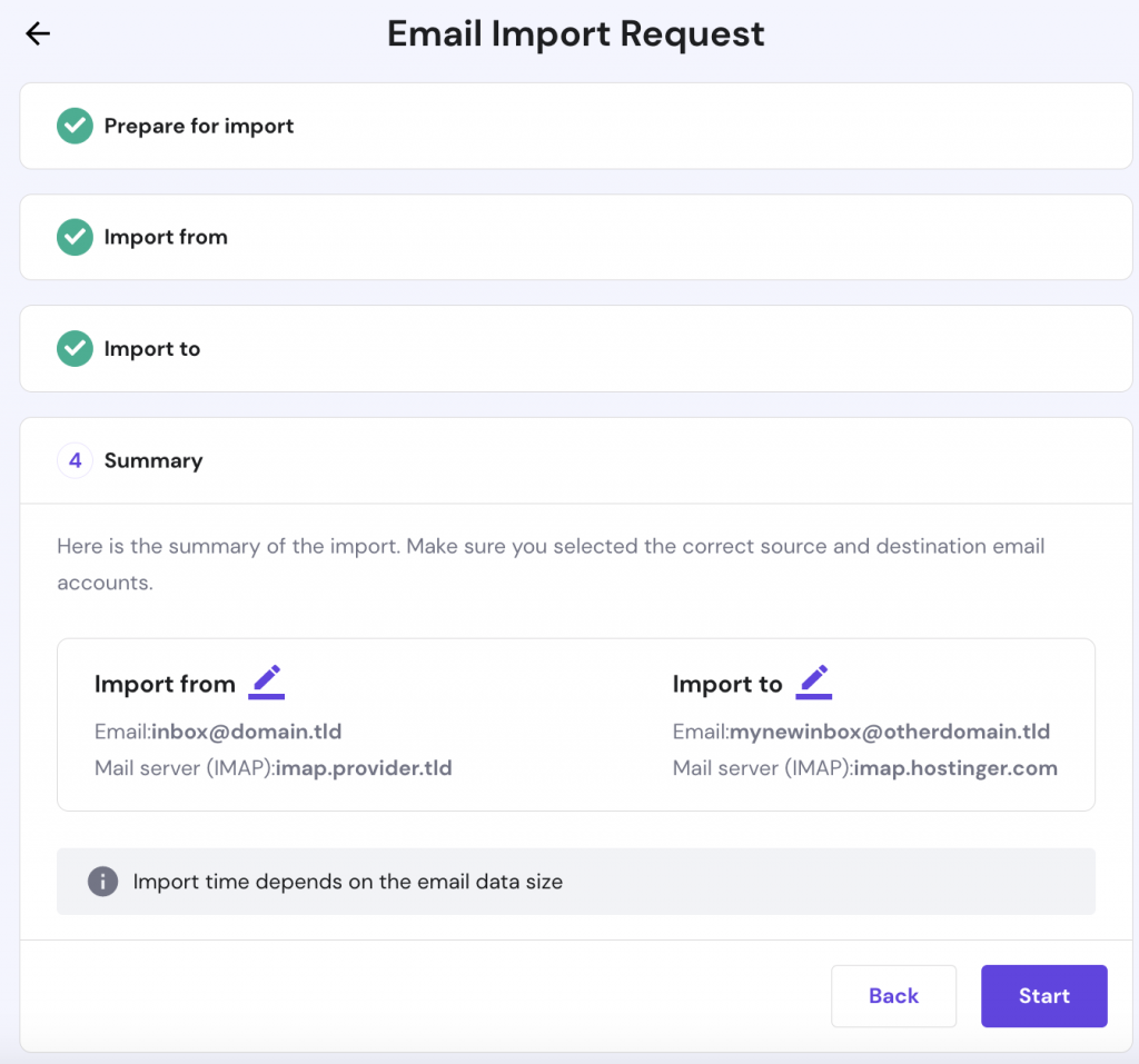 Email import request form, step 4