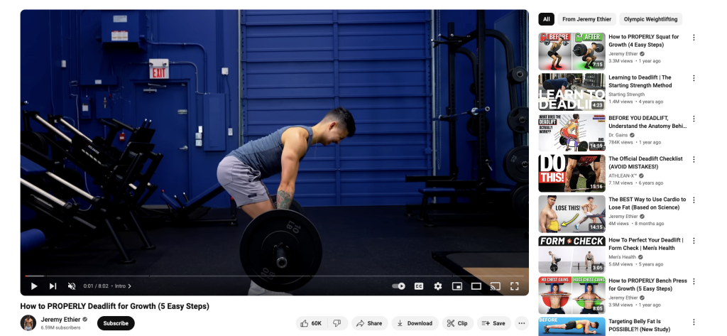 Screenshot of a how to perform a deadlift video by Jeremy Ethier on YouTube