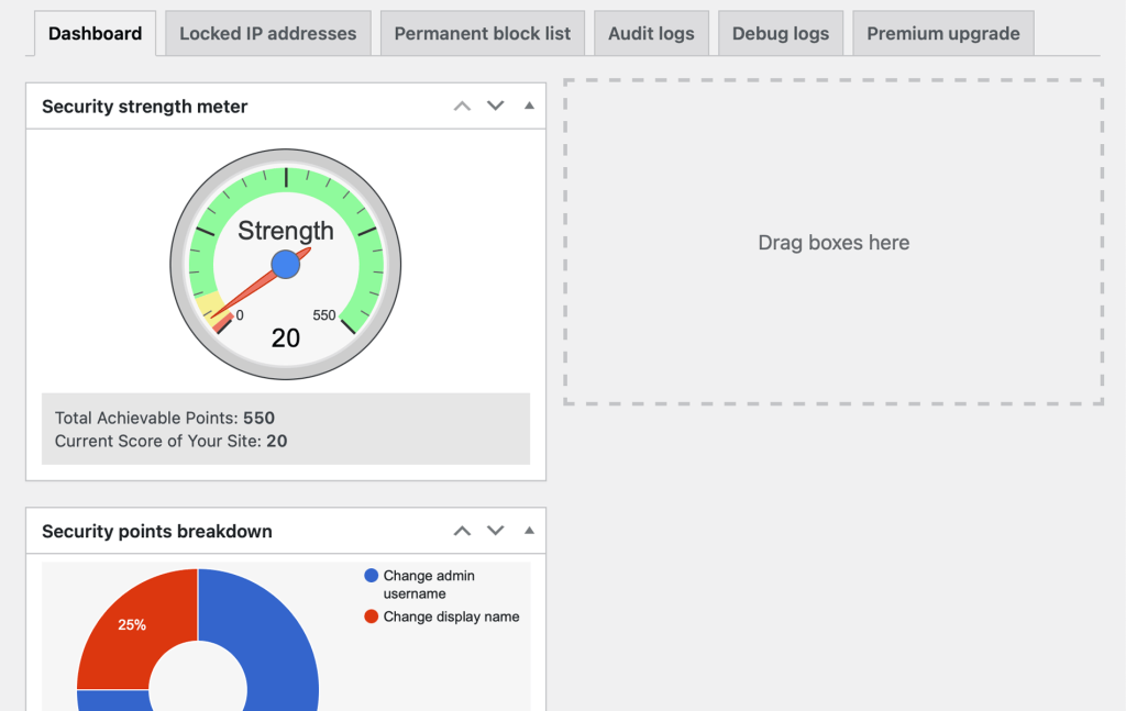 The All-In-One Security plugin has a visual dashboard with a chart and dial to quickly illustrate the health of your site.