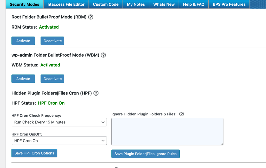 BulletProof Security plugin dashboard showing Root Folder BulletProof Mode, wp-admin Folder BulletProof Mode, and hidden plugin folders cron settings.