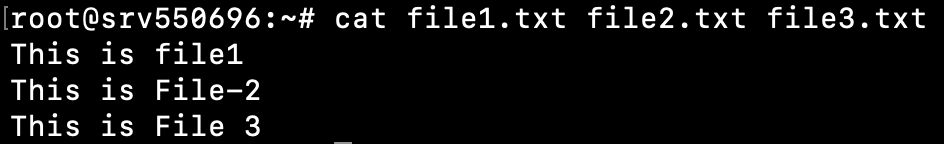 Terminal window showing the output of the cat file1.txt file2.txt file3.txt command