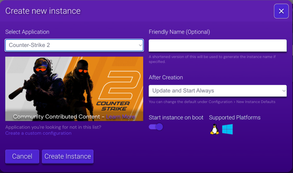 The CS2 instance creation menu in Hostinger Game Panel