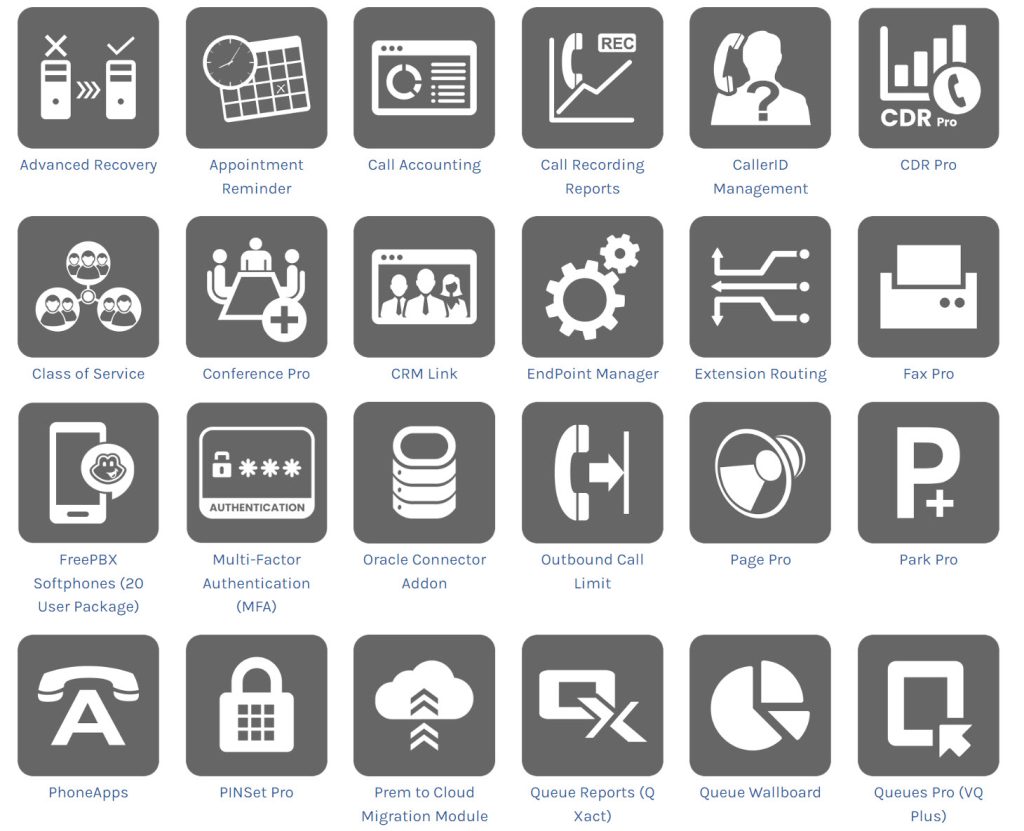A screenshot showing some of the FreePBX add-ons, or modules, available on the FreePBX website