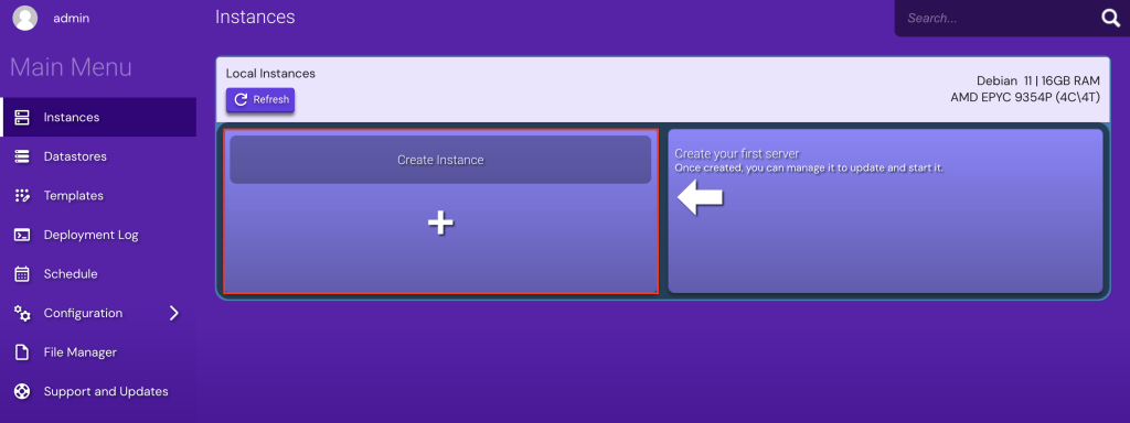 Game Panel's Create Instance button