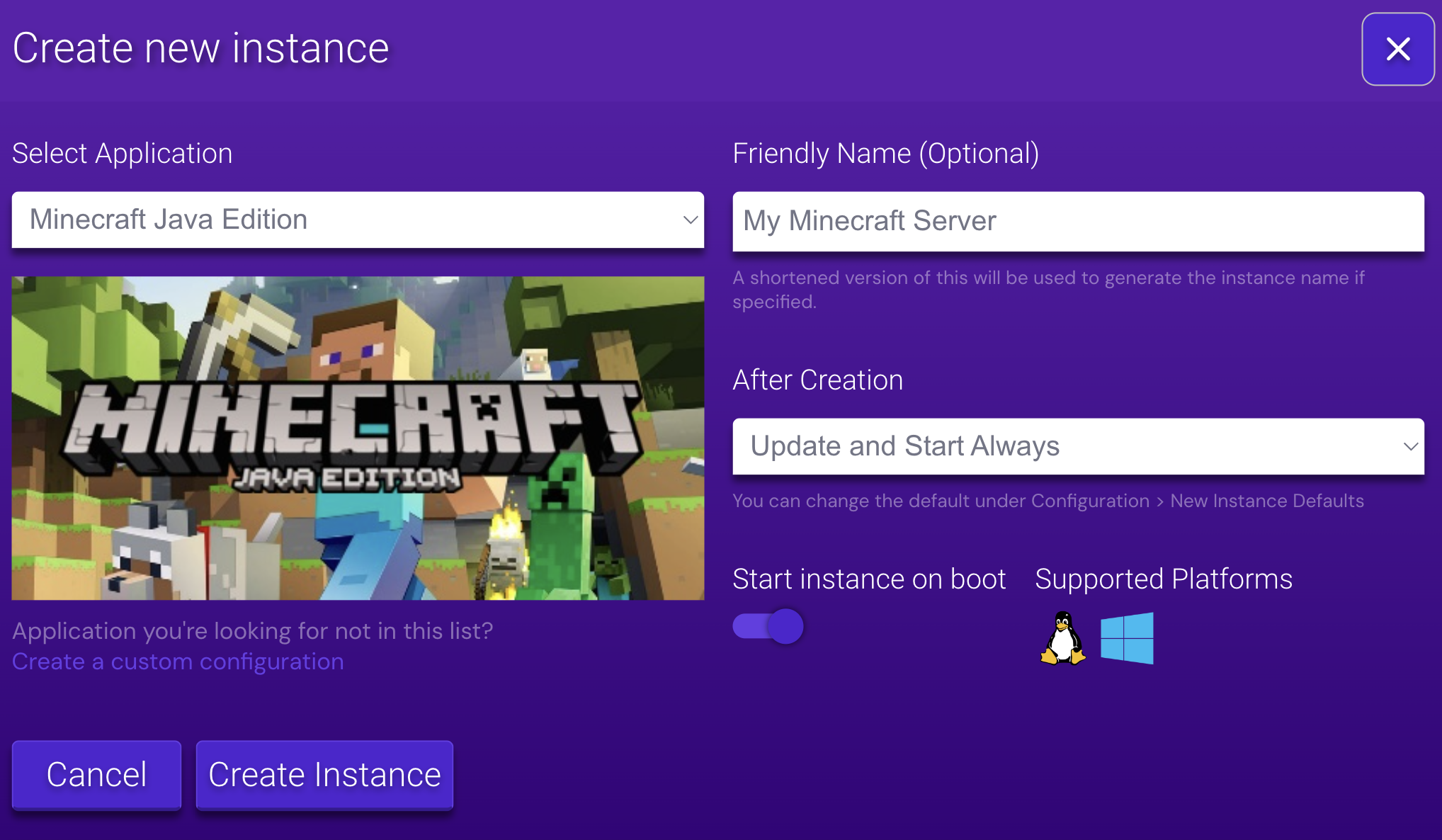 The Minecraft instance creation screen on Game Panel