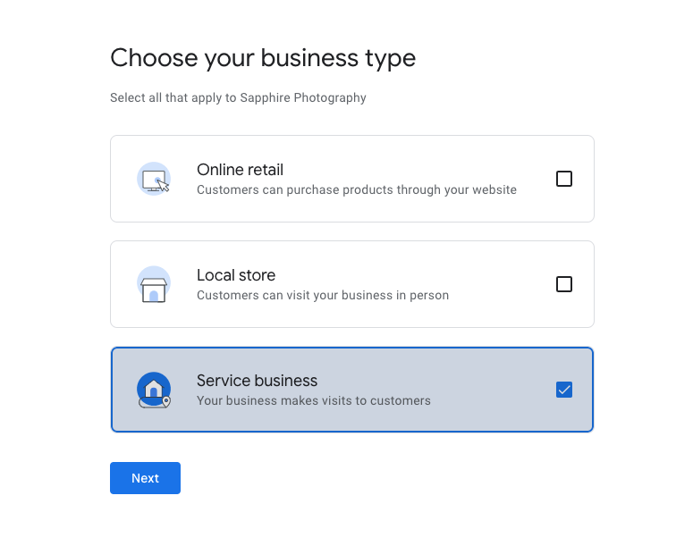 Google Business Profile setup process choose business type page