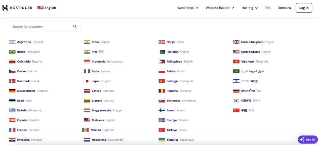 Hostinger homepage letting you choose from multiple languages
