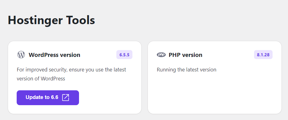 The WordPress and PHP version status in the Hostinger Tools plugin dashboard