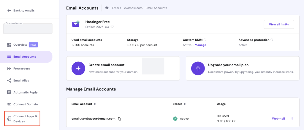 The Connect Apps & Devices menu in hPanel's Email Accounts