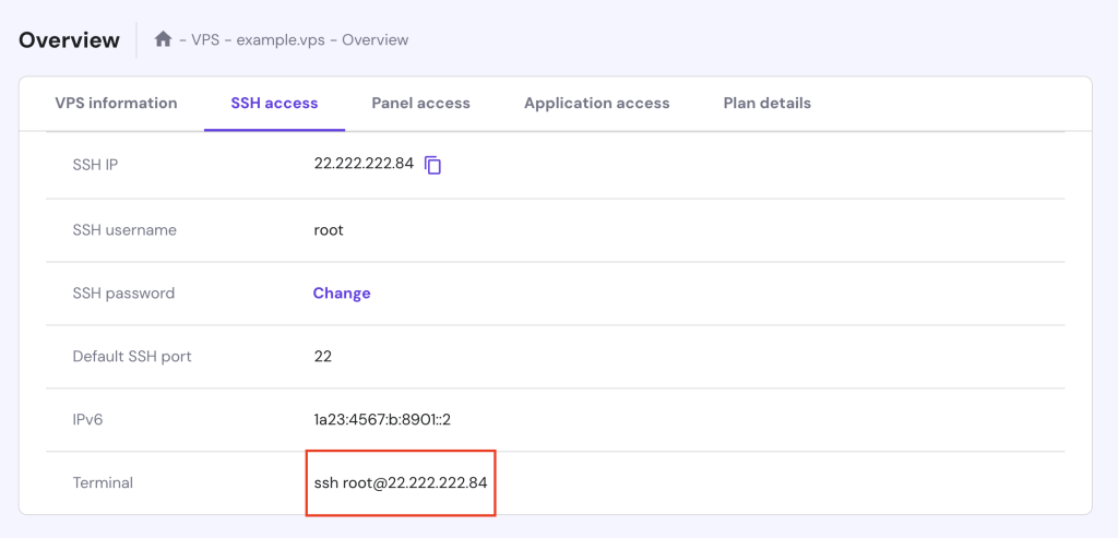 The SSH details in Hostinger's VPS dashboard