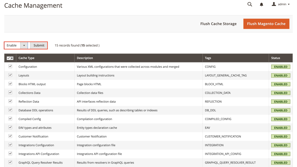 The Cache Management options in Magento
