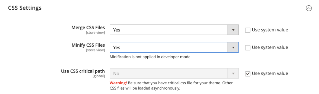 The CSS Settings option in Magento
