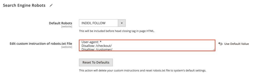 The custom robot.txt instruction field in Magento
