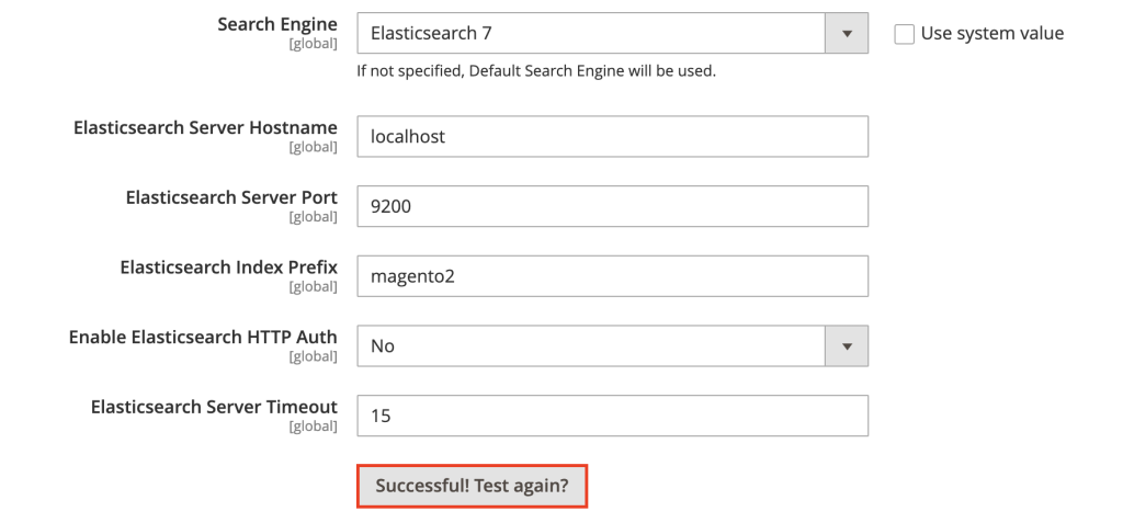 The 'Successful! Test again?' message in Magento