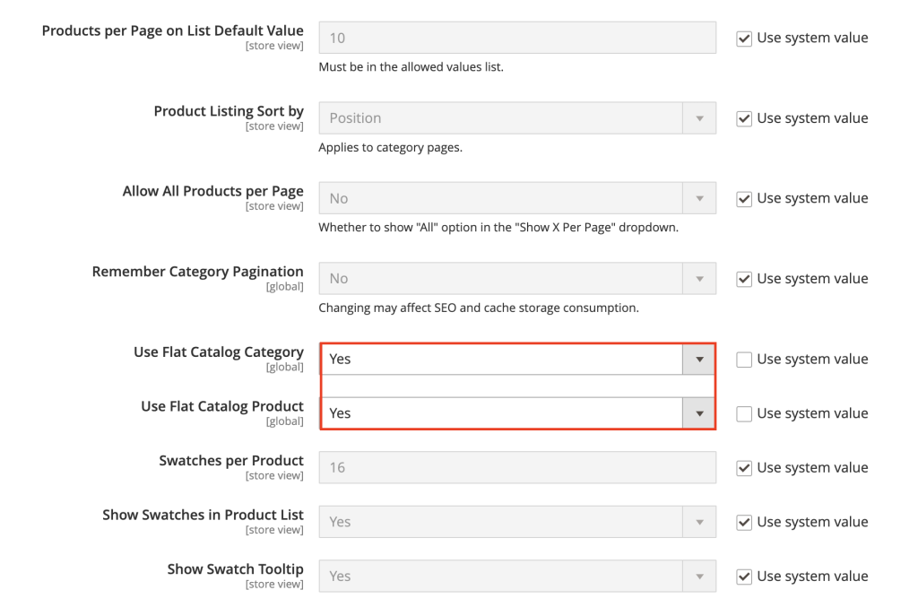 The Use Flat Catalog Category and Use Flat Catalog Product options in Magento