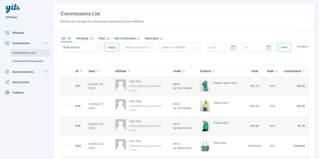 YITH WooCommerce Affiliates interface