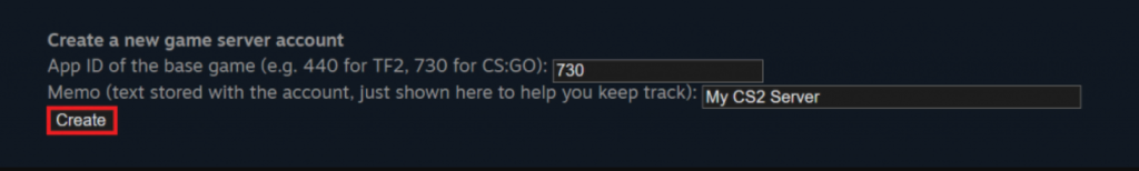 Steam create a new game server account with the create button highlighted