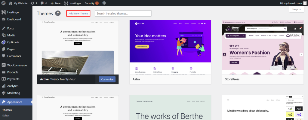 WordPress Themes page, highlighting the option to add a new theme