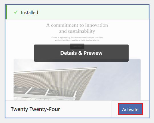 A newly installed WordPress theme with the button to activate it