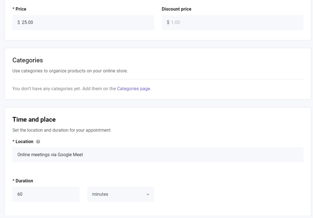 Settings for pricing, categories and time and place