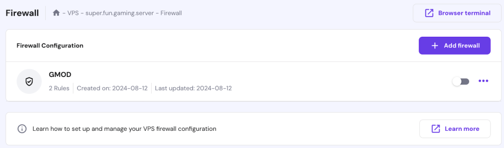 Firewall configuration menu in hPanel