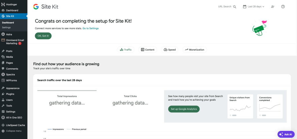 Google Site Kit dashboard on WordPress