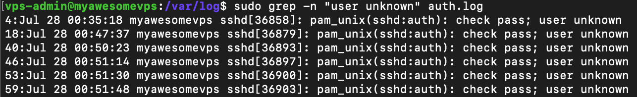 Grep command shows the line numbers