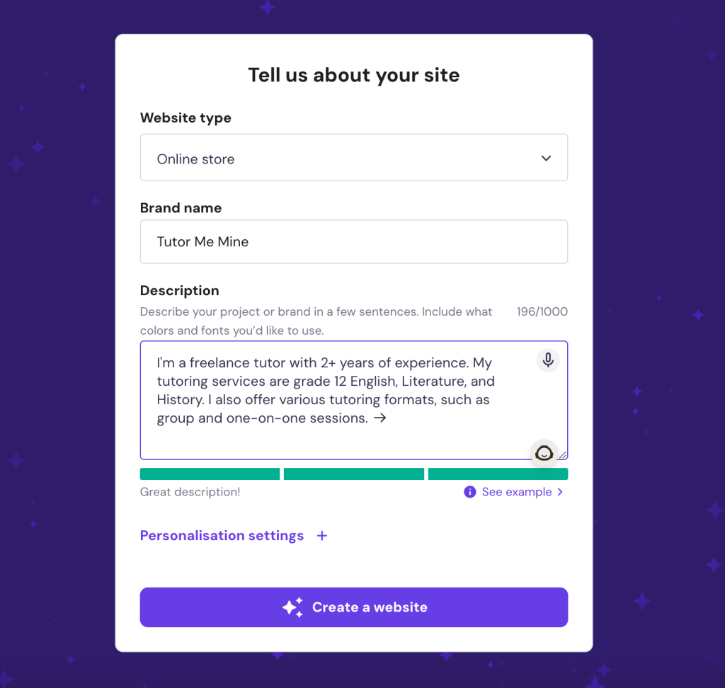 Hostinger AI website builder prompt box example