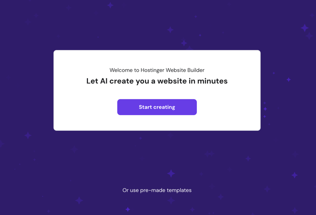 Hostinger AI website builder startup page