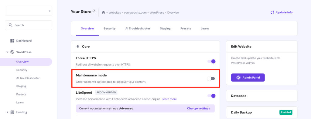 WordPress maintenance mode in Hostinger hPanel