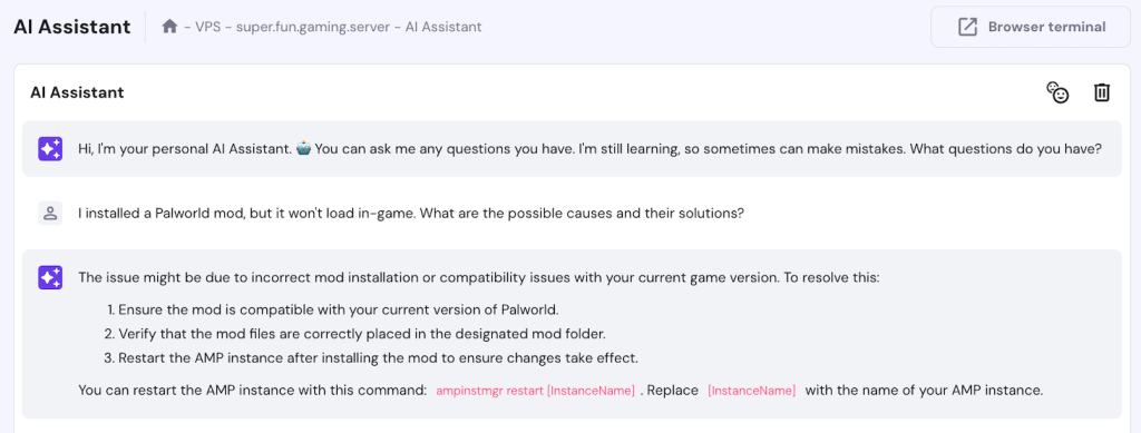 Hostinger VPS AI Assistant generates a troubleshooting guide for Palworld mod installation
