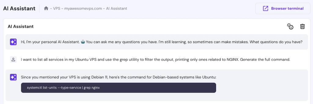 Hostinger VPS AI Assistant generates grep command based on the user's task
