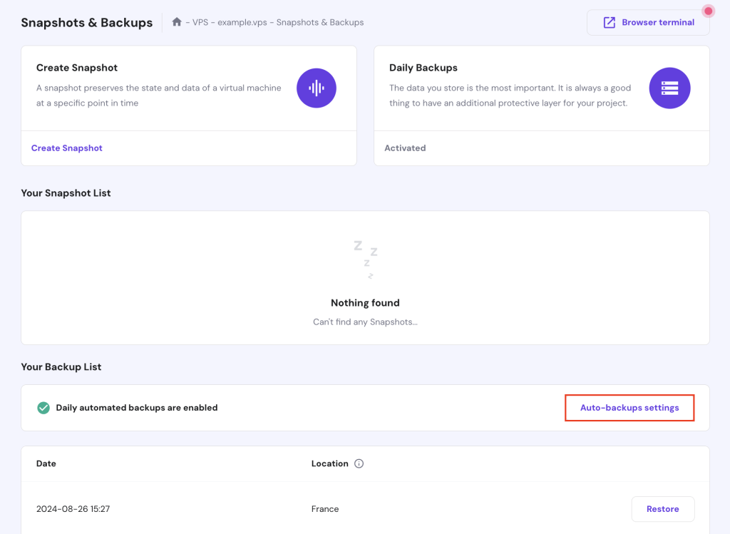 The Auto-backups settings button in hPanel's Snapshots & Backups feature