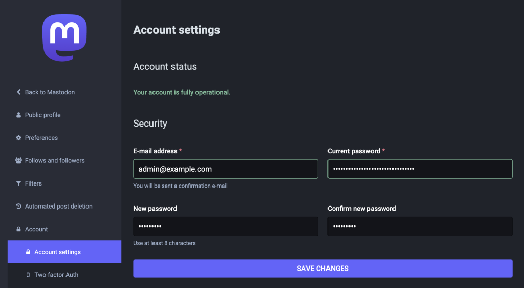 Mastodon's Account settings menu