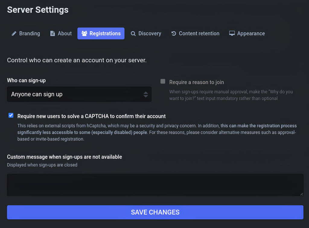 Mastodon's Registrations options