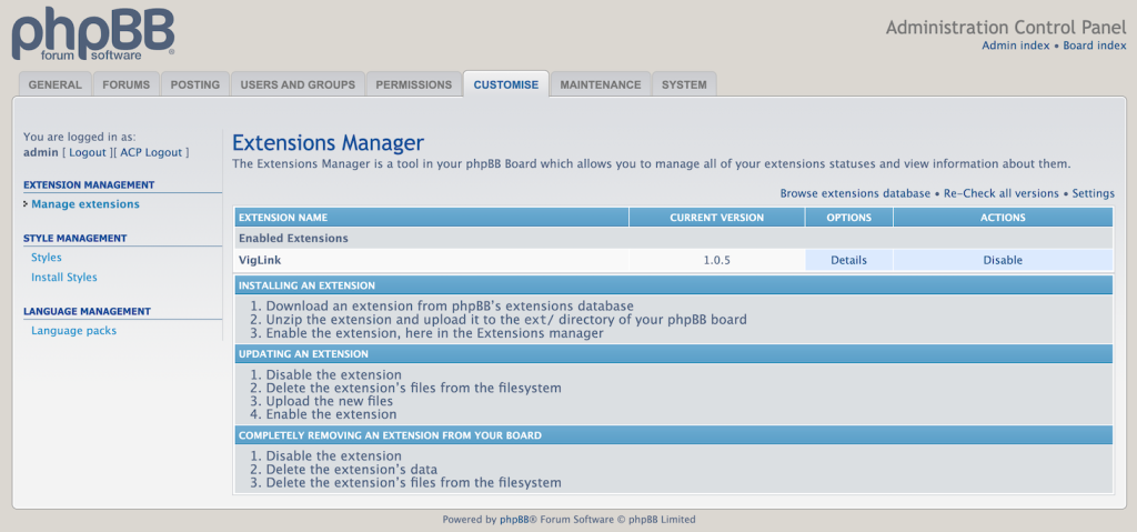 phpBB's extension and style management menu