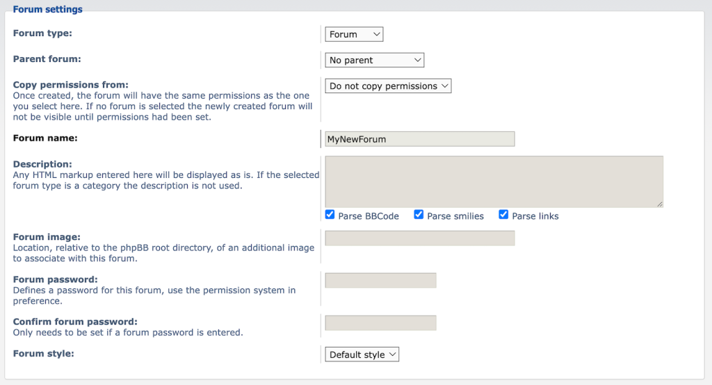 phpBB's forum creation menu