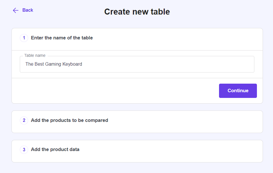 The Create new table menu for creating a new comparison table using Hostinger Amazon Affiliate Connector plugin