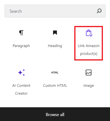 The Hostinger's Link Amazon product WordPress block highlighted