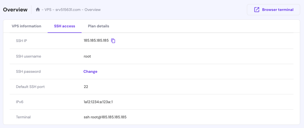 VPS SSH Access tab in hPanel