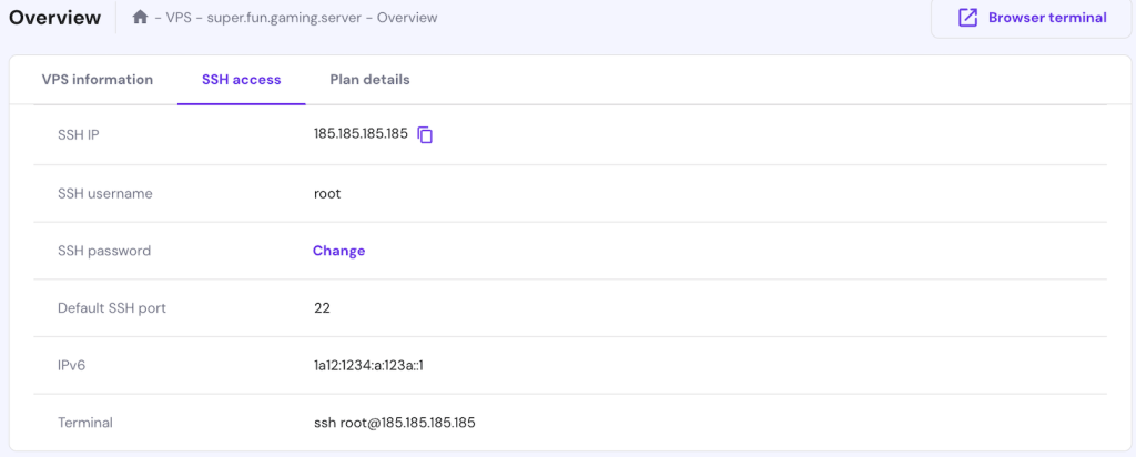 VPS SSH access information on hPanel