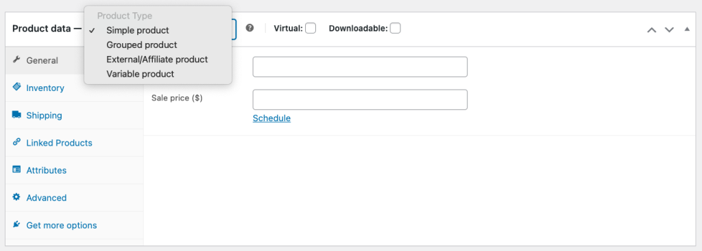 WooCommerce's product editor interface, showing the product data section