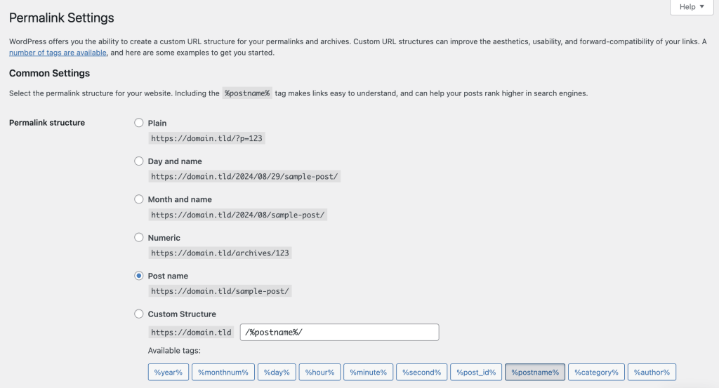 The Permalink Settings page in WordPress