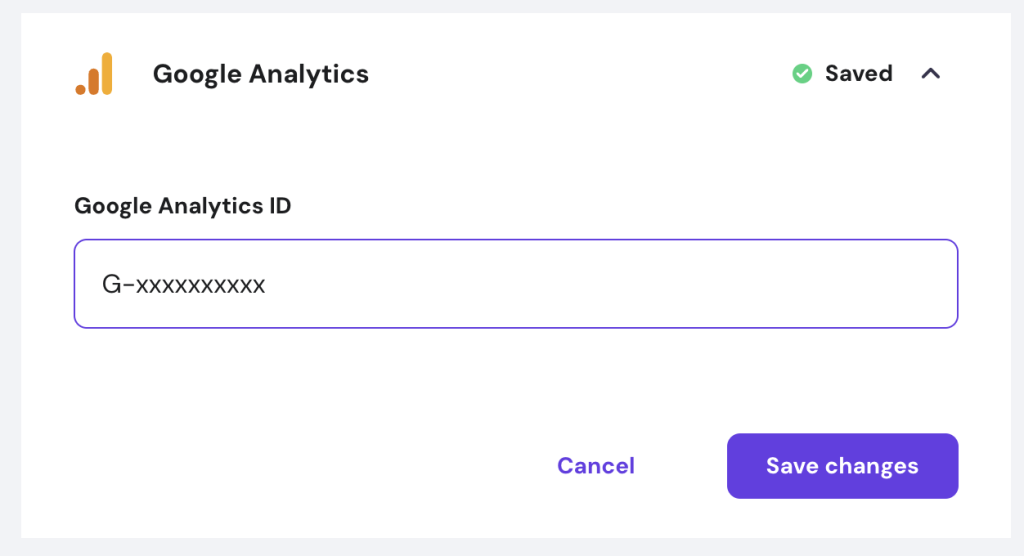 Hostinger Website Builder dashboard showing Google Analytics integration