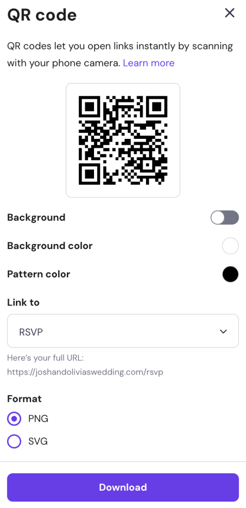 QR code popup window in Hostinger Website Builder