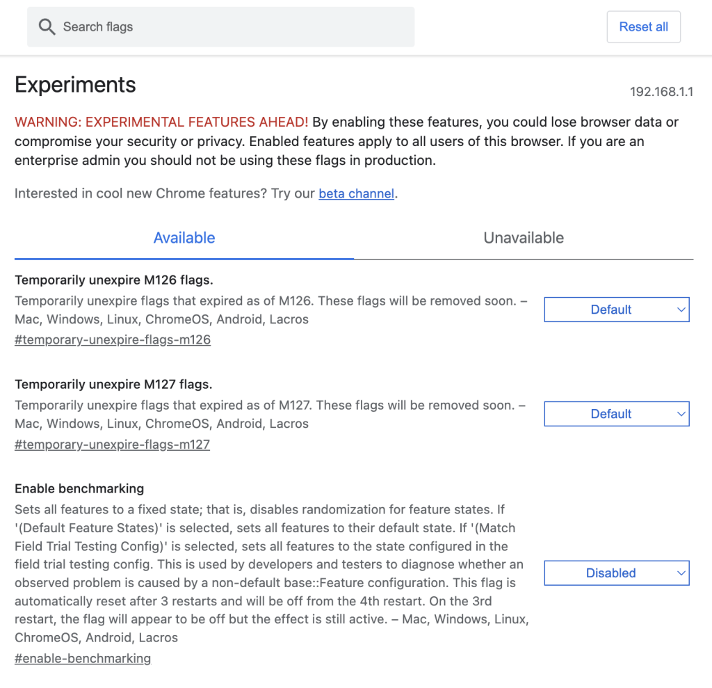 The Experiments menu in Google Chrome