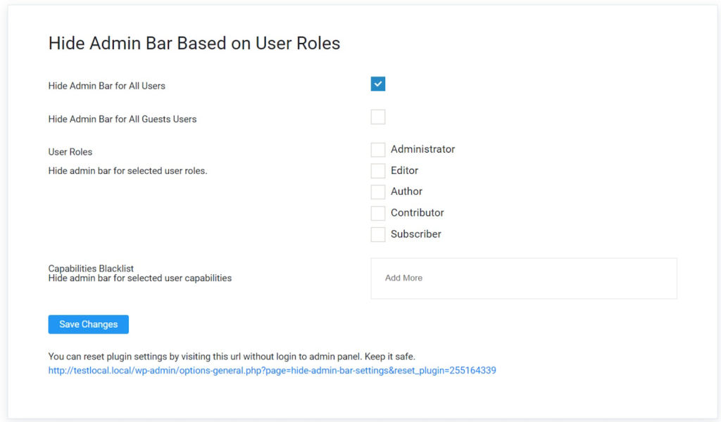 Hide Admin Bar Based on User Roles Settings page