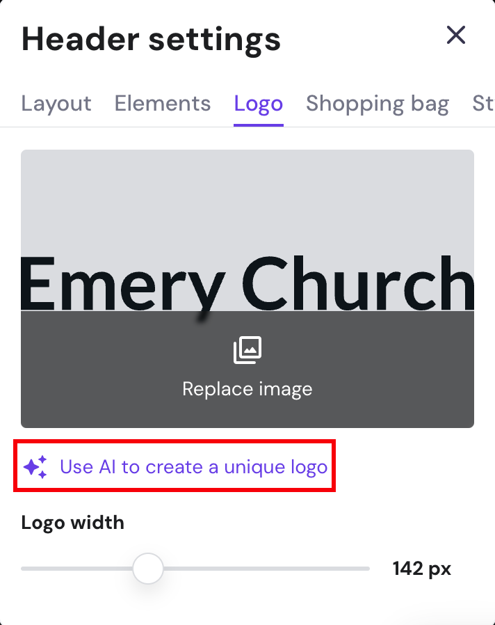 Hostinger Website Builder edit header highlighting AI Logo Maker option