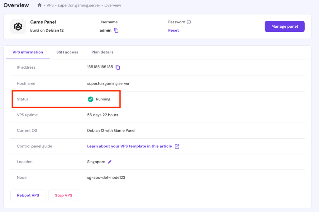 Ensuring the VPS status is running in hPanel's VPS